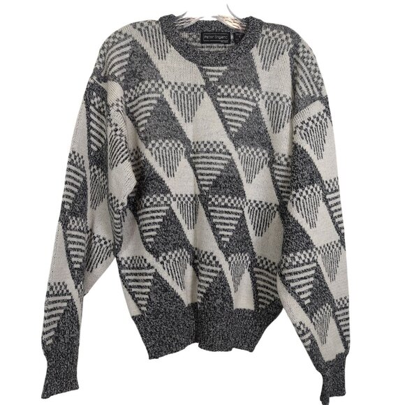 Vintage Peter England Geometric‎ Pattern gray white Acrylic Wool Mens sweater L - Picture 1 of 14